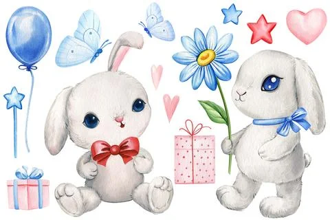 Cute bunny set. playing rabbit watercolor illustration isolated on white Stock Illustration