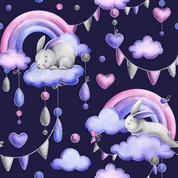Cute bunny, sewn from fabric with thread stitches, sleeping on a rainbow with 库存插图