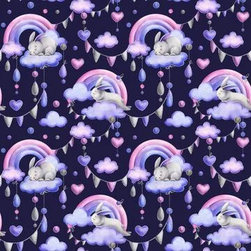 Cute bunny, sewn from fabric with thread stitches, sleeping on a rainbow with 스톡 일러스트