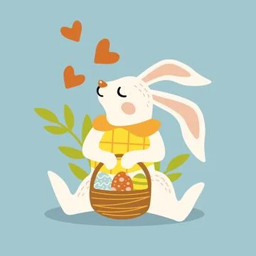 Cute bunny sitting with a basket of easter eggs Stock Illustration