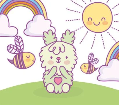 Cute bunny sitting in grass with clouds sun cartoon Stock Illustration