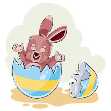 Cute bunny sitting inside an easter egg and enjoys the holiday, Stock-Illustration
