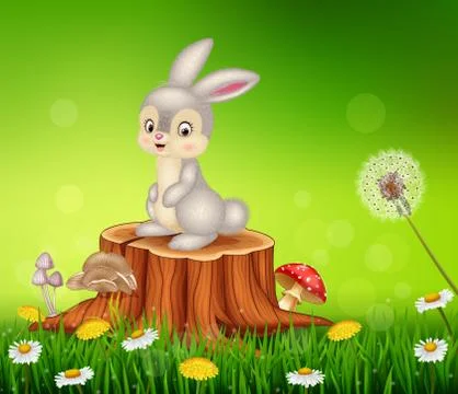 Cute bunny sitting on tree stump 스톡 일러스트