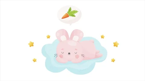 Cute bunny speeping on the fluffy cloud and dreaming about carrot. Stock Footage 150640922