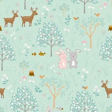 Cute bunny on spring forest seamless pattern,springtime with cute animals o.. Stock Illustration