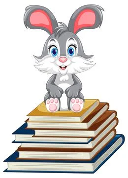 Cute Bunny on Stack of Books 스톡 일러스트