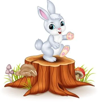Cute bunny standing on tree stump Stock Illustration