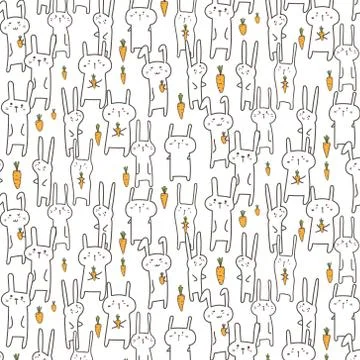 Cute Bunny Vector Pattern Background. Funny Doodle. Handmade Vector Illustration Stock Illustration