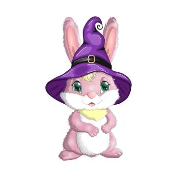 Cute Bunny in witch hat with pumpkin, broom, potion. Happy Halloween festival Stock Illustration