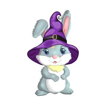 Cute Bunny in witch hat with pumpkin, broom, potion. Happy Halloween festival Stock Illustration