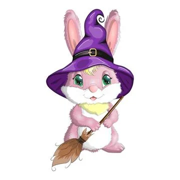 Cute Bunny in witch hat with pumpkin, broom, potion. Happy Halloween festival Stock Illustration