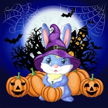 Cute Bunny in witch hat with pumpkin, broom, potion. Happy Halloween festival Stock-Illustration