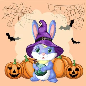 Cute Bunny in witch hat with pumpkin, broom, potion. Happy Halloween festival Stock Illustration