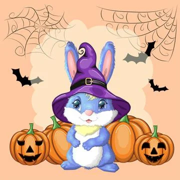 Cute Bunny in witch hat with pumpkin, broom, potion. Happy Halloween festival Stock Illustration
