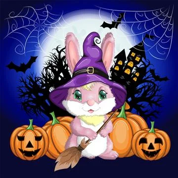 Cute Bunny in witch hat with pumpkin, broom, potion. Happy Halloween festival Stock Illustration