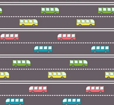 Cute bus on the road pattern Stock Illustration