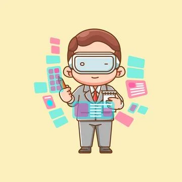 Cute businessman interact virtual reality glasses vr chibi kawaii character Stock Illustration