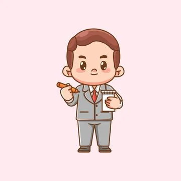 Cute businessman write note suit office workers kawaii chibi character mascot Stock Illustration