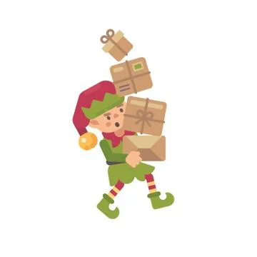 Cute busy Christmas elf carrying parcels with presents for kids. Holiday char Stock Illustration