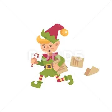 Cute busy Christmas elf running with papers and letters. Santa Claus elf flat Stock Illustration