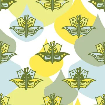 Cute Butterflies Vector Repeat Pattern In Muted Greens And Yellow Stock Illustration