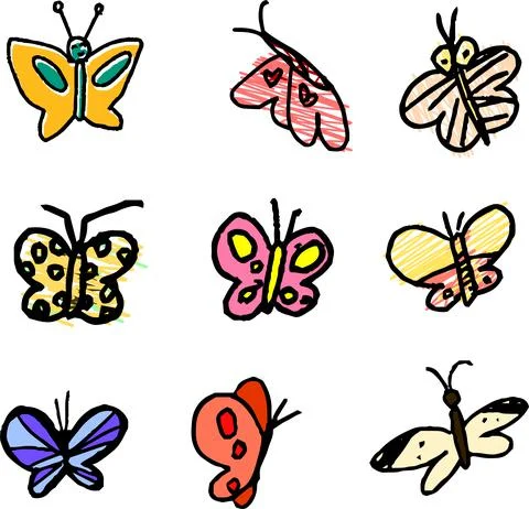 Cute butterfly scribble drawn by a child set Stock Illustration