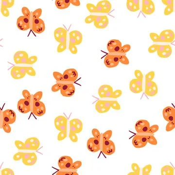 Cute butterfly seamless pattern. Doodle flying insect endless wallpaper. Naiv Stock Illustration