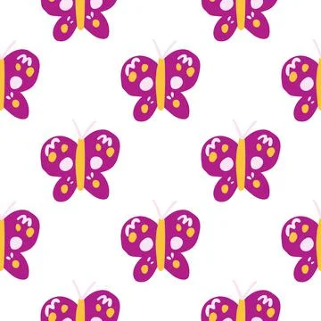 Cute butterfly seamless pattern. Doodle flying insect endless wallpaper. Naiv Stock Illustration