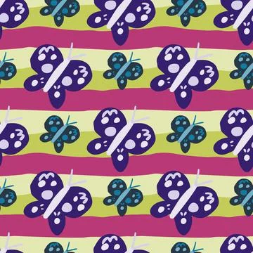 Cute butterfly seamless pattern. Doodle flying insect endless wallpaper. Naiv Stock Illustration
