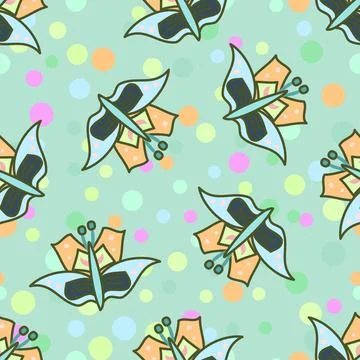 Cute butterfly vector seamless pattern with multicolor dots and a pale green  Stock Illustration