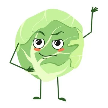 Cute cabbage character with emotions, face, arms and legs. The funny or proud Stock Illustration