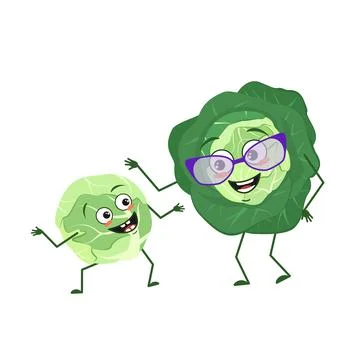 Cute cabbage characters with emotions, face. Funny grandmother with glasses and Stock Illustration