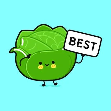 Cute Cabbage with poster best. Vector hand drawn cartoon kawaii character i.. Stock Illustration