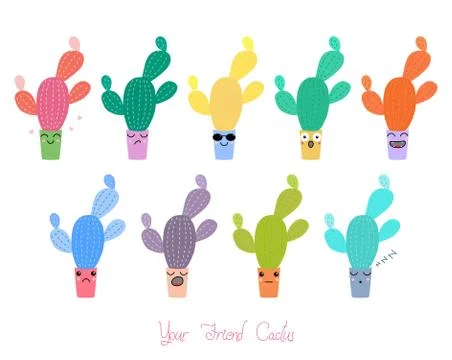 Cute cacti with different faces Stock Illustration