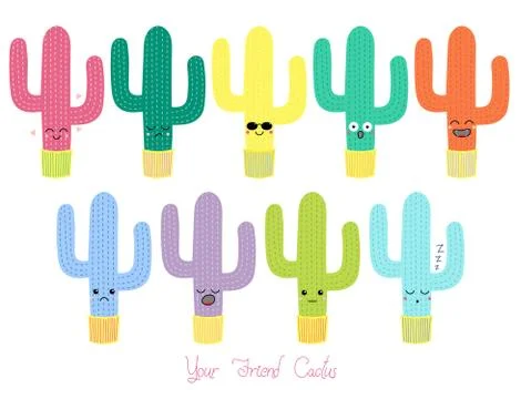 Cute cacti with different faces Stock Illustration