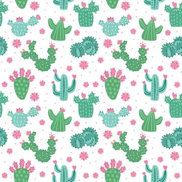 Cute cacti in flowerpots. Seamless pattern with cactus. Edited elements. Flat イラスト素材