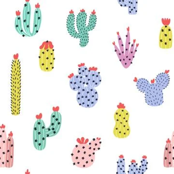 Cute cacti seamless pattern. Succulents background in Scandinavian style 库存插图