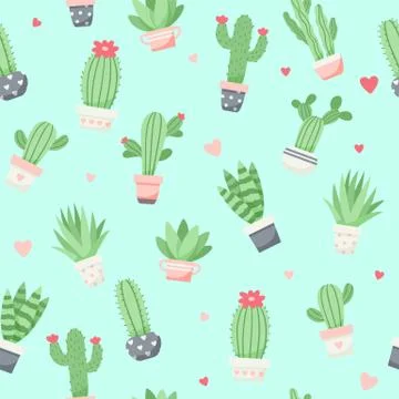 Cute cactus and succulents pattern, vector illustration in flat style Illustration