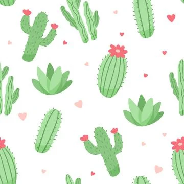 Cute cactus and succulents pattern, vector illustration in flat style Ilustração Stock