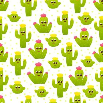 Cute cactus character seamlesss pattern with faces, childish textile ornate for Stock Illustration