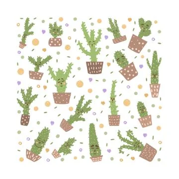 Cute cactus design set. Hand drawn style houseplant square composition. Vecto Stock Illustration