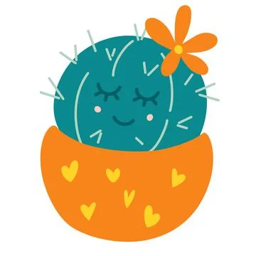Cute cactus with a flower in a pot. Prickly home flower. Cartoon cactus with  Stock Illustration