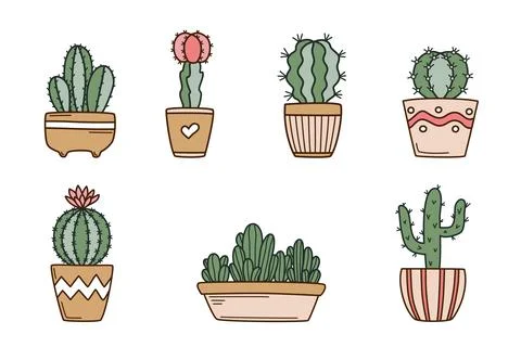 Cute cactus in flower pots set Stock Illustration