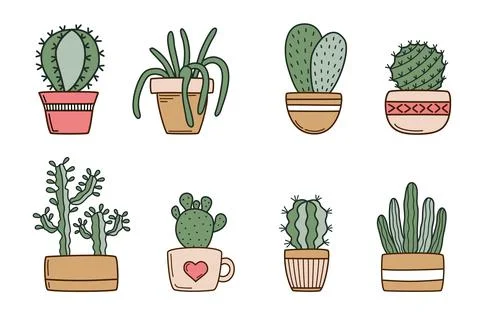 Cute cactus in flower pots set Stock Illustration