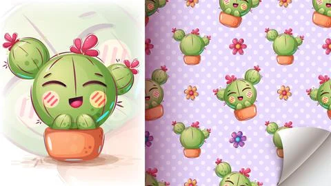 Cute cactus illustration - seamless pattern Stock Illustration