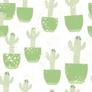 Cute cactus in pot seamless pattern on white background. Stock Illustration