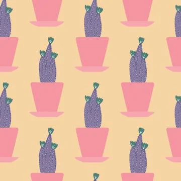 Cute cactus in pot seamless pattern on yellow background. Stock Illustration