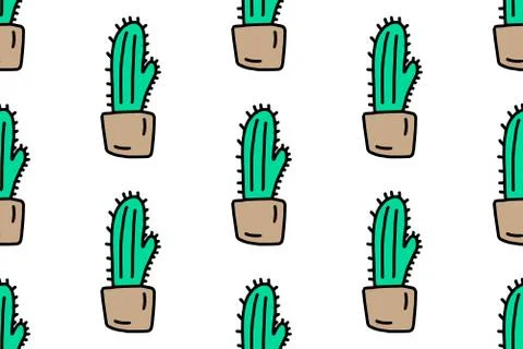 Cute cactus in pot seamless pattern. Colorful house plant in doodle style. For Stock Illustration