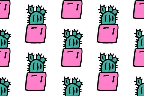 Cute cactus in pot seamless pattern. Colorful house plant in doodle style. For Stock Illustration