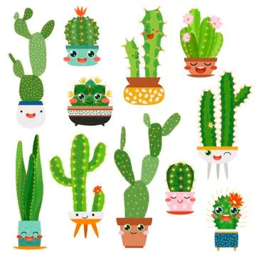 Cute cactus pots. Happy face cartoon succulent cacti funny flower smile plant Stock Illustration